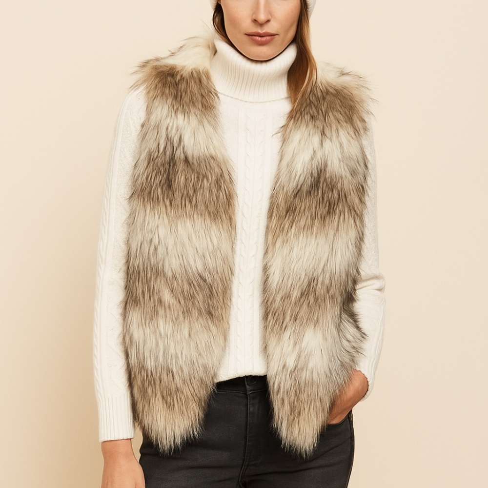 Skies Are Blue Faux Fur Vest Ivory Gray Stripe Size Small 6/8